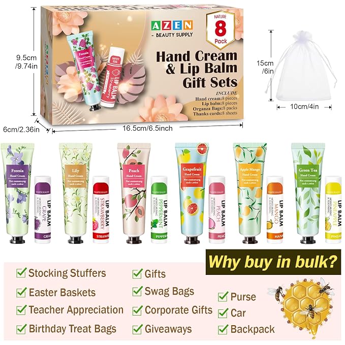 AZEN 8 Sets Bulk Gifts, Hand Cream and Lip Balm Bulk Set with Organza Bag Thank You Card, Baby Shower Wedding Gift for Guests, Bridal Wedding Favors for Guests, Mothers Day Gifts Stocking Stuffers