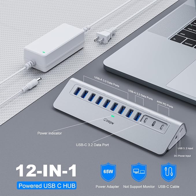 Powered USB Hub 10Gbps, intpw 12-Port USB 3.2 Hub with USB A/USB C 3.2, 7 USB 3.0, 2 PD 45W Charging Port, 65W Power Adapter and 5FT Cable, Aluminum USB Hub for Laptop, iPhone 17/16/15/PC
