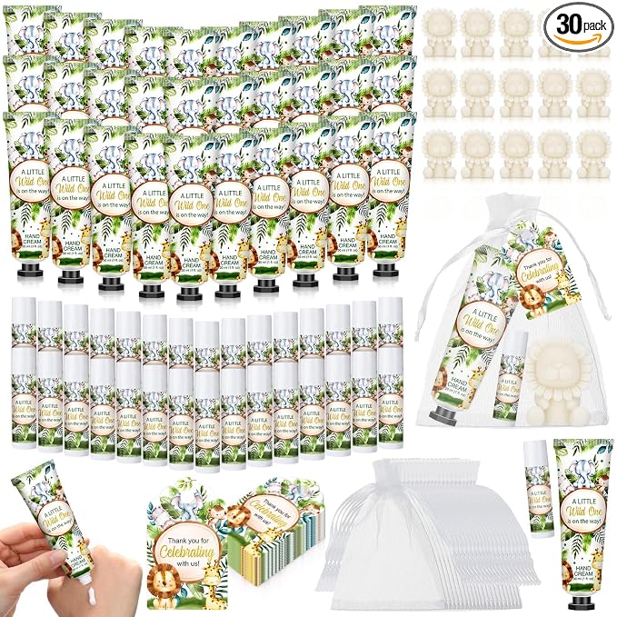 Loopeer 30 Set/150 Pcs Jungle Safari Baby Shower Favors for Guests Gifts Hand Cream Lip Balm Soap Party Favors Travel Size with Bags, Thanks You Card for Games Prizes Souvenirs