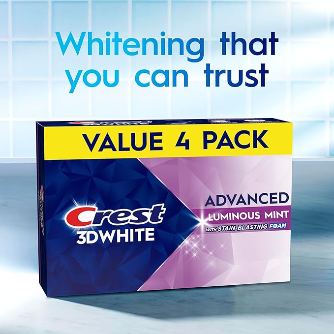 Crest 3D White Advanced Luminous Mint Teeth Whitening Toothpaste, Crest Toothpaste, 3.7 oz Pack of 4 - Helps Remove Surface Stains, Whitens Teeth, Strengthens Tooth Enamel, Protects Against Cavities