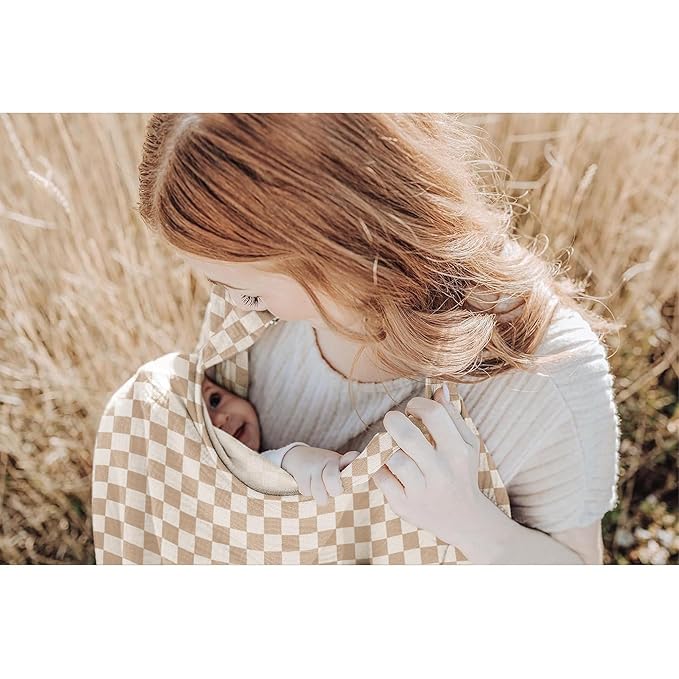 Konssy Muslin Nursing Cover for Baby Breastfeeding, Breathable 100% Cotton Breastfeeding Cover with Rigid Hoop for Mother Nursing Apron, Multi-use Carseat Canopy (Coffee Check)