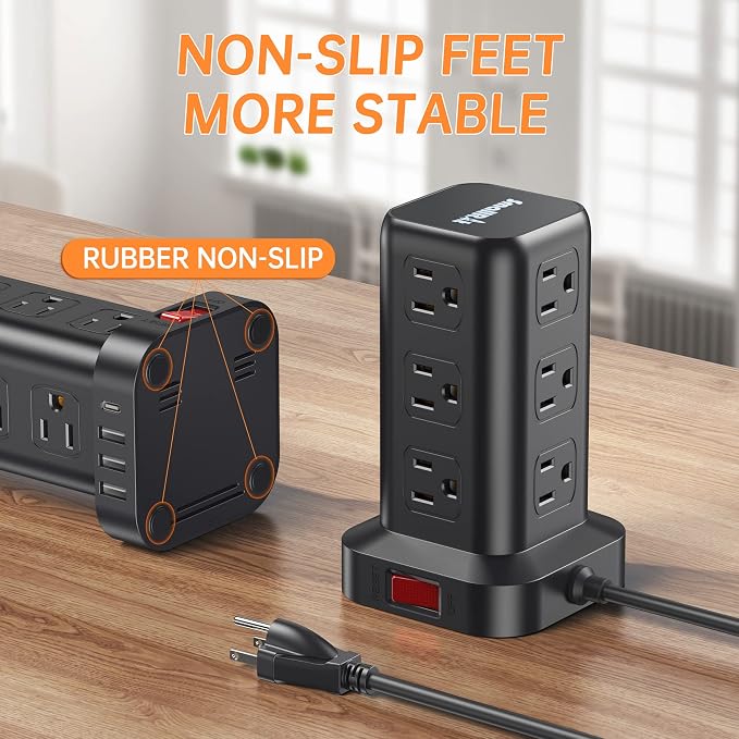 Extension Cord with Multiple Outlets, SMALLRT Surge Protector Power Strip Tower, PD 20W USB C, Outlet Extender with USB Ports 12 AC Outlets, 6.5FT Extension Cord for Home Office, Overload Protection
