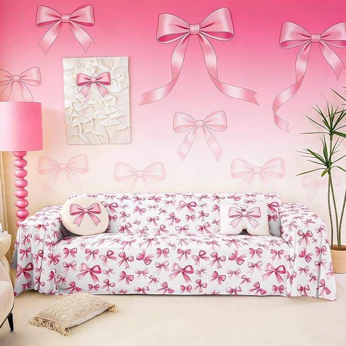Kawaii Bow Couch Cover for 2 Cushion Couch,Pink Bow Tie Couch Covers for Dogs Cat Scratch Proof Cute Bowknot Dreamy Princess Style Aesthetic Bowknot Seat Covers Soft Furniture Protector,71"x134"