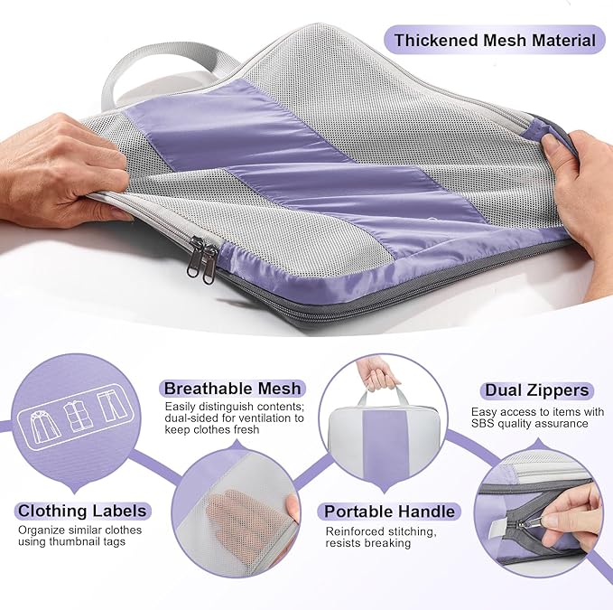 8 Set Compression Packing Cubes for Travel Essentials,Compressible Expandable Packing Cubes for Suitcase,OlarHike Luggage Garment Bags for Travel,Handy Helper for Organizing Clothes(Purple Gray)