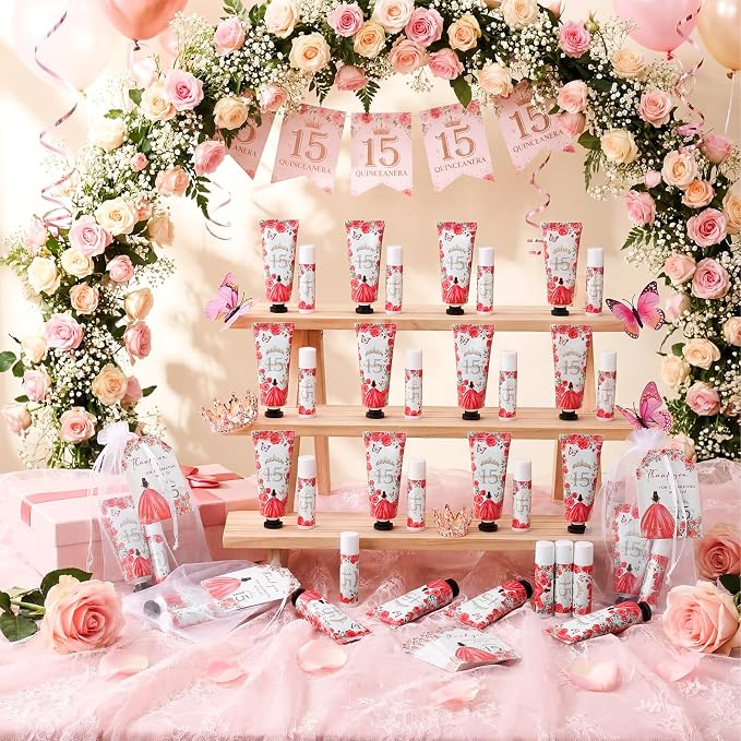 Leelosp 25 Set/100 Pcs Quinceanera Party Favor for Guest with Travel Size Hand Cream, Lip Balm, Card, Organza Bags Quinceanera Gift Set Sweet 15th Party Supply Birthday Souvenir(Red)