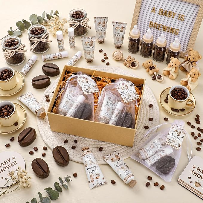Loopeer 30 Set/150 Pcs A Babys Is Brewing Coffee Baby Shower Favors for Guests Gifts Hand Cream Lip Balm Soap Party Favors Travel Size with Bags, Thanks You Card for Games Prizes Souvenirs