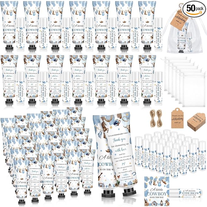 50 Sets 200 Pcs Cowboy Baby Shower Gifts Bulk Hand Lotion and Lip Balm Party Favors a Little Cowboy Is on The Way Theme Baby Shower Travel Size Hand Lotion and Lip Balm with Organza Bags Tags