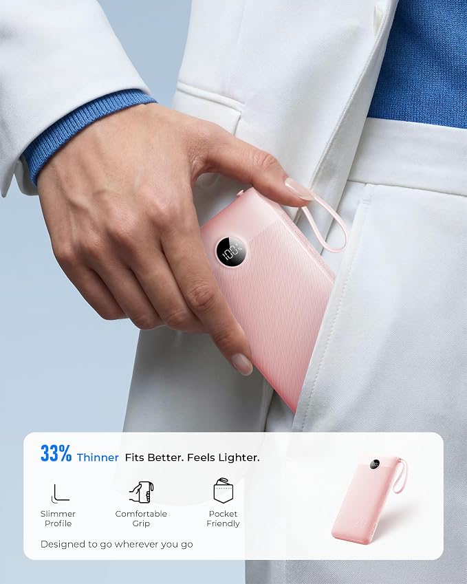 VRURC Portable Charger Slim 20000mAh Power Bank,22.5W PD Fast Charging Travel Essentials Powerbank 4-Built-in-Cables&2 Extra Ports Compatible with iPhone,iPad,Galaxy,Android (Pink)