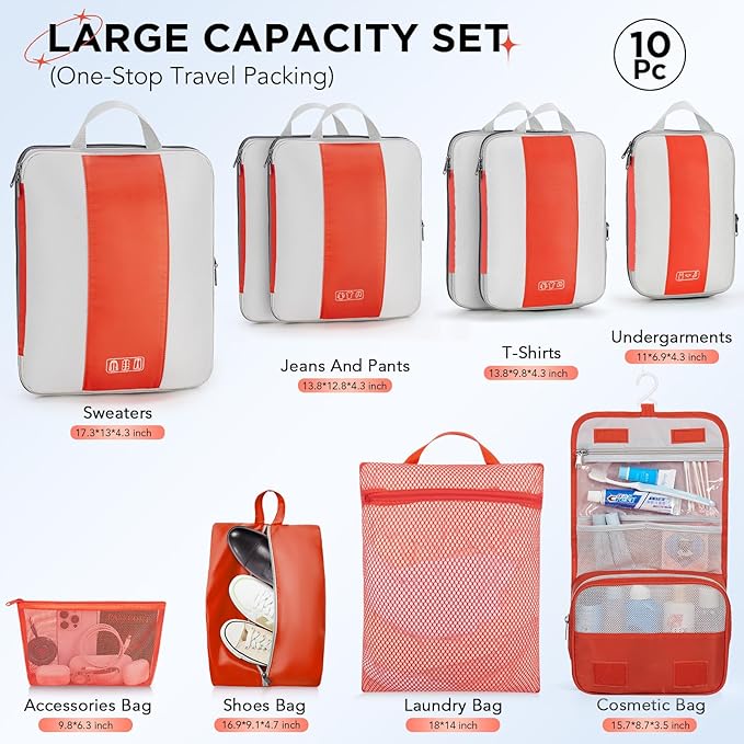 10 Set Compression Packing Cubes for Travel Essentials,Compressible Expandable Packing Cubes for Suitcase,OlarHike Luggage Garment Bags for Travel,Handy Helper for Organizing Clothes(Orange)