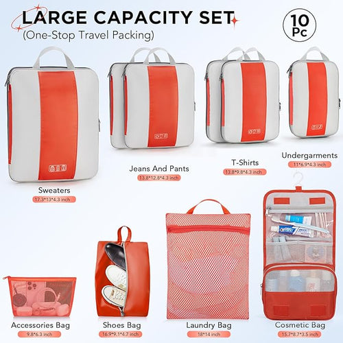 10 Set Compression Packing Cubes for Travel Essentials,Compressible Expandable Packing Cubes for Suitcase,OlarHike Luggage Garment Bags for Travel,Handy Helper for Organizing Clothes(Orange)