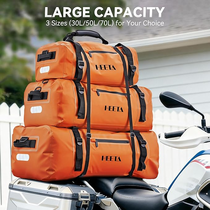 HEETA Waterproof Motorcycle Dry Bag, Waterproof Duffel Luggage Travel Bags with Zippered Closure & Pocket, Shoulder Straps, Large Space for Motorcycling Camping Commuting Boating (Orange, 30L)