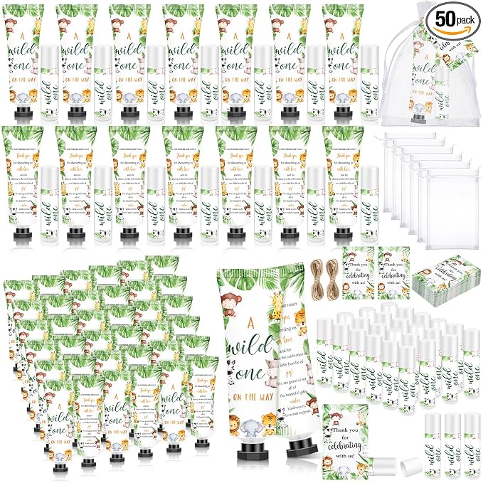 50 Sets 200 Pcs Safari Animal Baby Shower Hand Lotion and Lip Balm Gift Theme Baby Shower Party Favors Travel Size Hand Lotion and Lip Balm Bulk with Organza Bags Tags