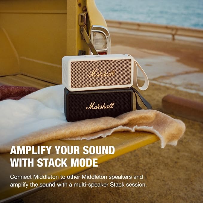 Marshall Middleton Portable Bluetooth Speaker - Rugged Waterproof/Dust-proof Design | Loud Stereo Sound, Deep Bass | Compact and Wireless for Travel and Outdoors - Black and Brass