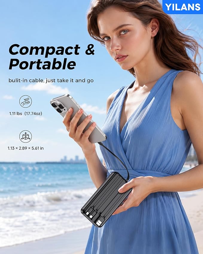 Portable Charger,50000mAh Power Bank Built-in Cable, 22.5W PD USB C In & Out Fast Charging, External Battery Pack with 6 Output & 2 Input, Travel Phone Charger for iPhone 17/16/15/14/13/12(Black)