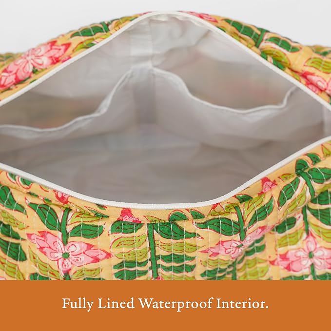 Saffron Marigold Quilted Makeup Bag Set of 3, Hand Block Printed Cotton Cosmetic Bags for Women, Waterproof Lined Travel Toiletry Bag, Coquette Aesthetic, Handmade Gift, Madagascar Prewinkle Butter