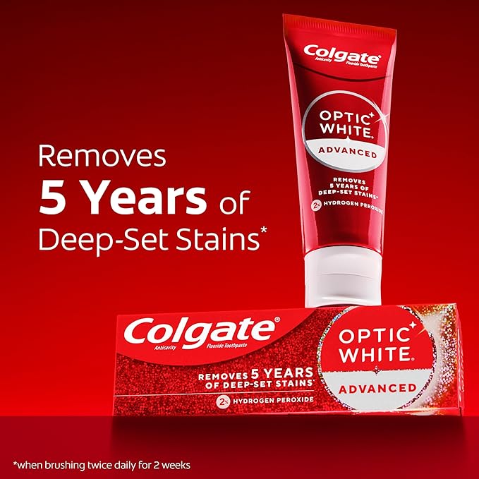 Colgate Optic White Advanced Hydrogen Peroxide Toothpaste Pack, Teeth Whitening Toothpaste, Enamel-Safe Hydrogen Peroxide Formula, Helps Remove Tea, Coffee, and Wine Stains, Icy Fresh, 3 Pack, 3.2 oz