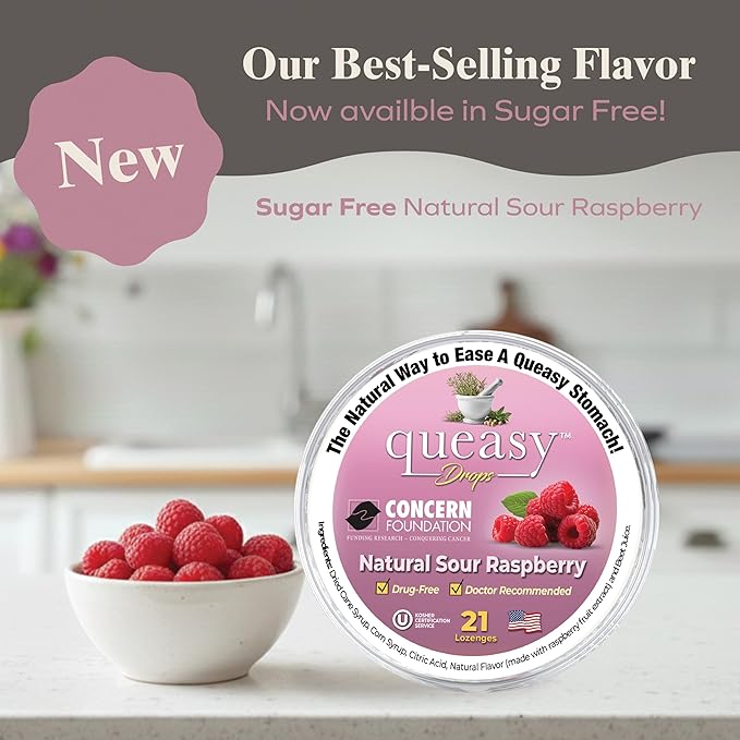 Three Lollies Queasy Drops - Sour Raspberry Flavor - Travel Sickness & Nausea Relief, Soothes Stomach & Dry Mouth, Natural Ingredients - 21ct (3-Pack)