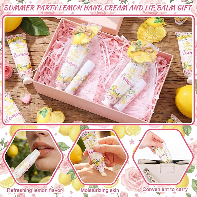 Lounsweer 24 Sets Lemon Baby Shower Hand Cream and Lip Balm Favors for Guests Sweet Like a Lemon Party Gifts with Organza Bags and Cards Travel Size Lotion Set for Bridal Shower Summer Birthday