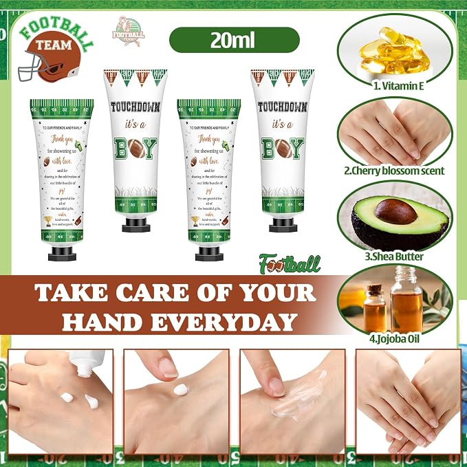 50 Sets 200 Pcs Football Baby Shower Hand Lotion and Lip Balm Gift Theme Baby Shower Party Favors Travel Size Hand Lotion and Lip Balm Bulk with Organza Bags Tags