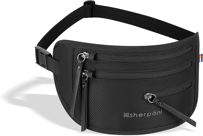 Sherpani Jett, Travel Money Belt, Secure Waist Bag, Slim Passport Holders, Blocking Hidden Wallet Belt Bag, Fanny Pack for Women, Travel Gift, RFID Protection (Carbon Signature)