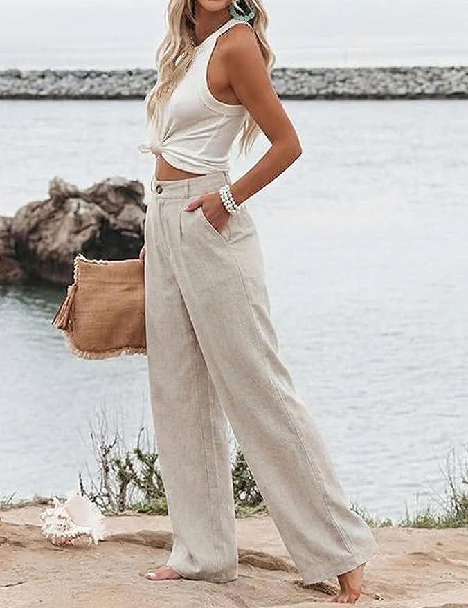 Hooever Womens Cotton Linen Pants Casual Button Up High Waisted Wide Leg Trousers