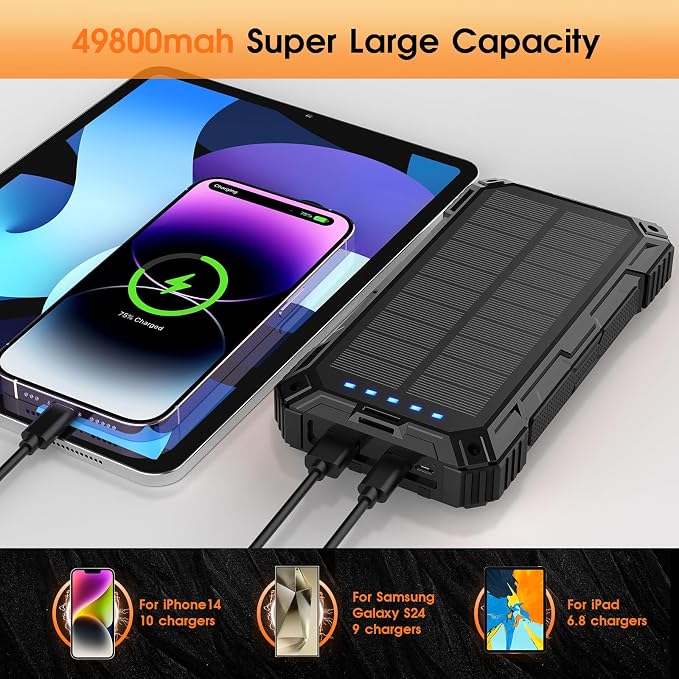 BLASOUL Solar Charger 49800mAh Power Bank - Wireless Portable Phone Charger with 4 Built-in Cable,22.5W Fast Charging External Battery Pack PD 3.0 USB-C in/Output Perfect for Camping,/Hiking