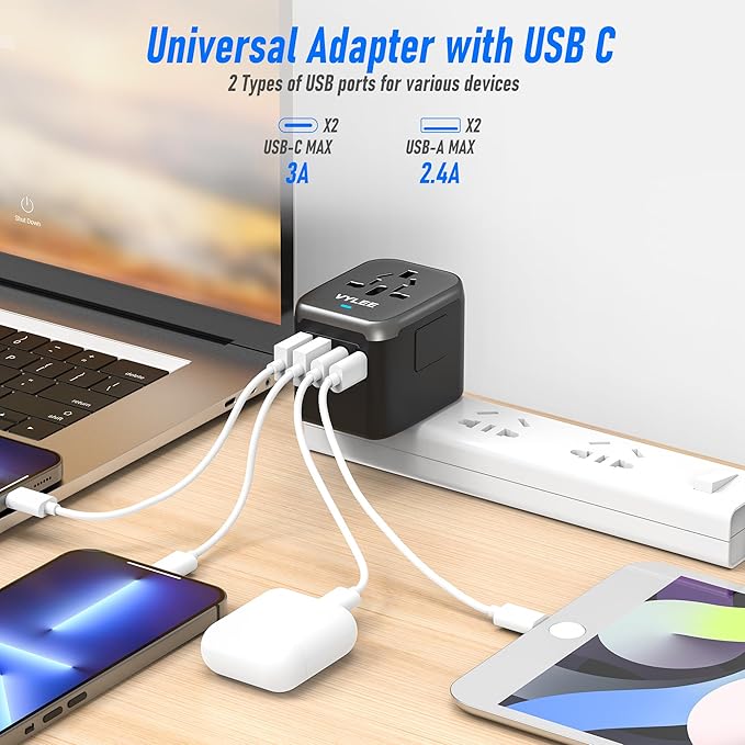 VYLEE Universal International Power Travel Plug Adapter, 5 in 1 European Travel Plug Adapter W/ 3.5A 2xUSB-A and 2xUSB C Wall Charger and Worldwide AC Outlet