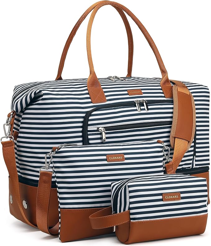 Weekender Bags for Women Travel, Under Seat Carry On Bags for Airplanes Overnight Bag with Shoe Compartment Luggage Sleeve, Foldie Travel Tote Bag Hospital Bag, Travel Gifts, Blue Strip