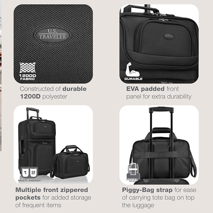 U.S. Traveler Rio Lightweight Softside Rolling Carry-on Suitcase, 2-Wheel Set, Black