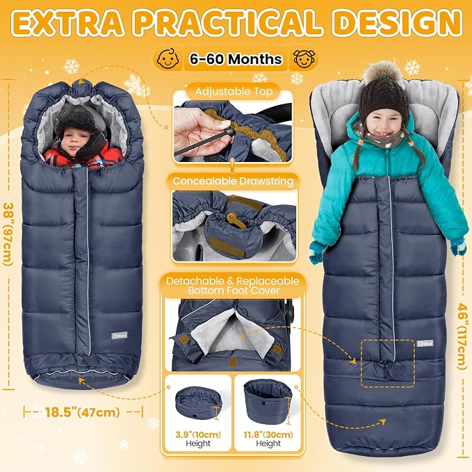 Orzbow Stroller Footmuff Universal - Weather-Proof Bunting Bag for Toddler, Warm Fleece Sleeping Bag for Cold Weather, Easily Attaches to Most Strollers, Baby Boys Girls Winter Essentials, Blue