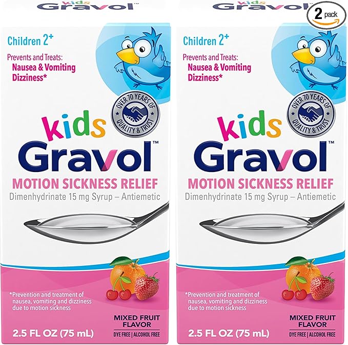 Gravol Kids Liquid for Motion Sickness Relief and Nausea Prevention, 2.5 fl oz (75 ml) (Pack of 2)