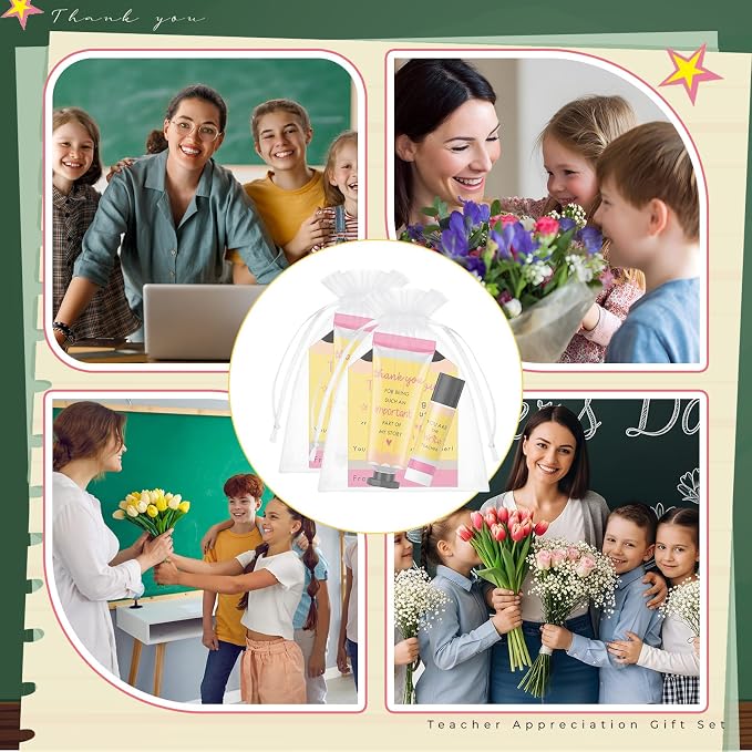 12 Set Teacher Appreciation Gifts for Women Include Hand Cream Lip Balm Bulk Organza Bags Cards Thank You Teacher Gifts for Graduation Back to School First of School End of Year Party Favors