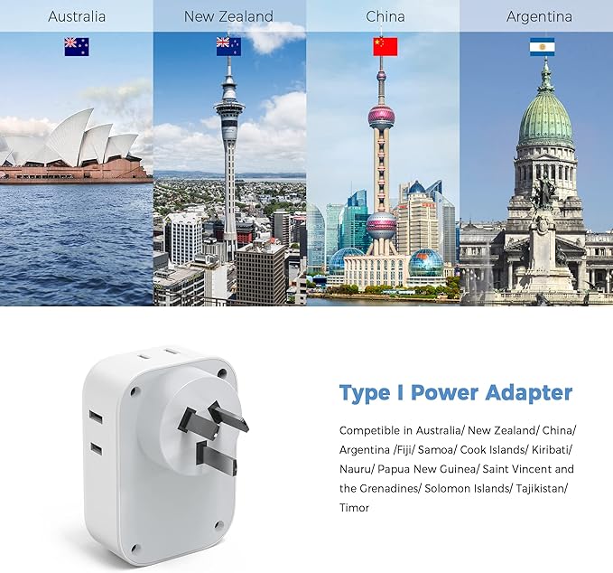 TESSAN Australia Plug Adapter, New Zealand Power Adapter with 4 Outlets 3 USB Charging Ports (1 USB C PD 20W), Type I Travel Plug for US to New Zealand China Argentina Fiji AU, 2 Pack