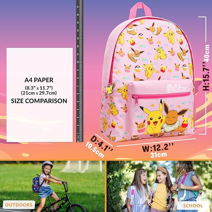 Pokemon Backpack for Kids Teens Boys Girls, Pikachu Anime Backpacks, Bag for Daycare Sports Vacation Travel, School Gift (Pink)