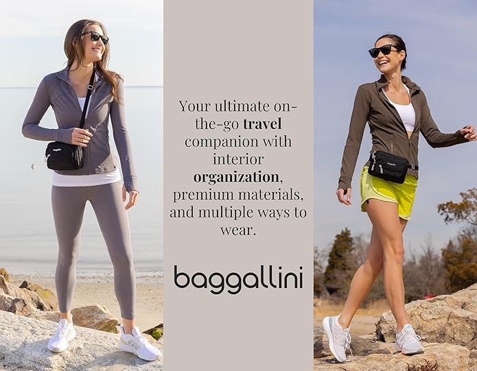 Baggallini Triple Zip Small Crossbody Bag for Women - Lightweight Convertible Fanny Pack Belt Bag
