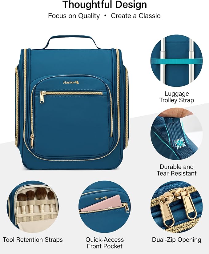 Hanke Hanging Travel Toiletry Bag for Men and Women, Water-Resistant Toiletries Bag Makeup Organizer with Hook, Cosmetic Bag for Bathroom & Travel Essentials Accessories, Navy Blue