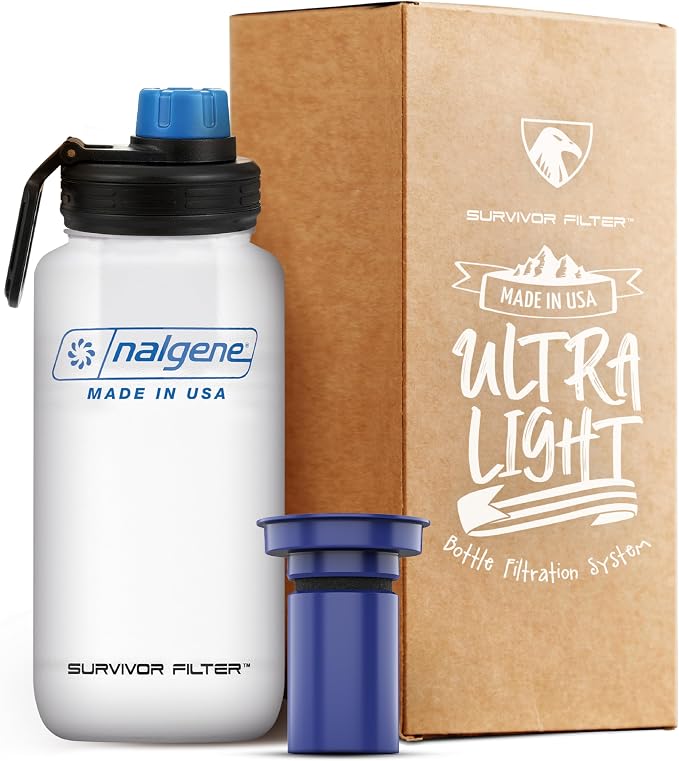 Survivor Filter Americana Ultra Light Filtered Water Bottle – 33.8 oz (1L) – Made in USA – Portable Water Bottle with Filter for Travel, Hiking, Gym & Everyday Use