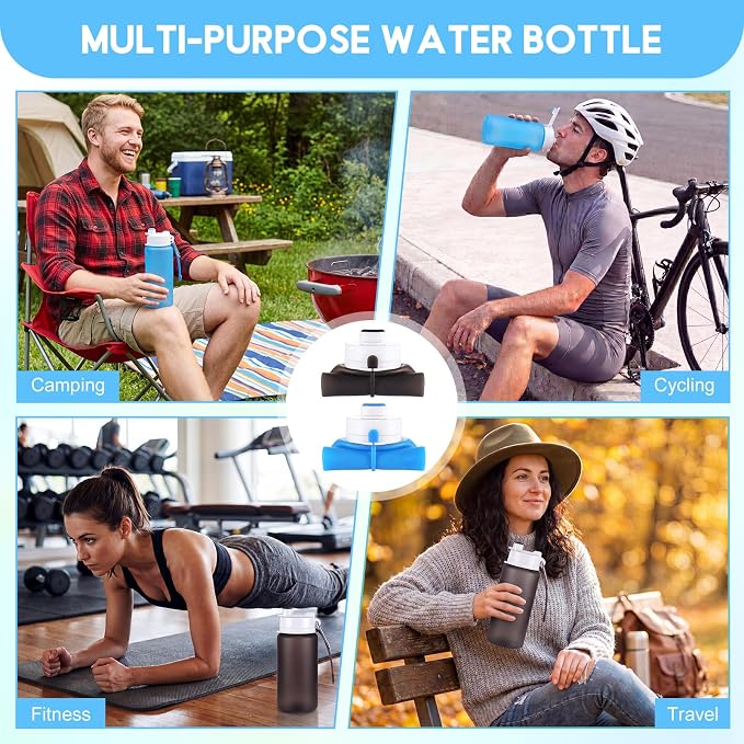 LemonRoad 2 Pcs 19 oz Silicone Collapsible Water Bottle Portable Foldable Water Bottle Leakproof with Carabiner Reusable Lightweight for Travel Sport Hiking Camping Cycling Office(Gray Blue)
