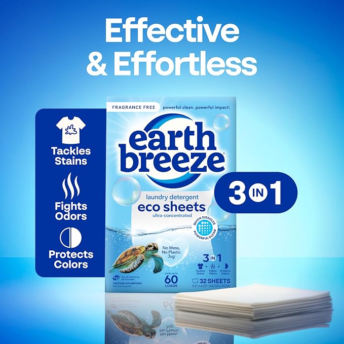 Earth Breeze Laundry Detergent Sheets Fragrance-Free - 60 Loads Eco Liquidless Soap - Travel-Friendly for Hot & Cold Cycles, Tackles Tough Stains & Odors - Gentle on Sensitive Skin, 30 Ct