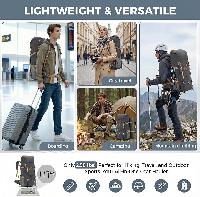 Bseash 65L Waterproof Hiking Camping Backpack with Rain Cover, Outdoor Sport Travel Daypack for Climbing Touring (Gray)
