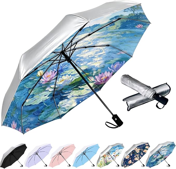 SIEPASA Compact Travel Umbrella - Windproof Auto Open/Close, Small Folding Umbrella for Rain & Sun with UPF50+ - Lightweight Frame, Waterproof - Fits Backpack, Purse, Suitcase.(Silver/Water Lily)