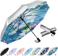 SIEPASA Compact Travel Umbrella - Windproof Auto Open/Close, Small Folding Umbrella for Rain & Sun with UPF50+ - Lightweight Frame, Waterproof - Fits Backpack, Purse, Suitcase.(Silver/Water Lily)