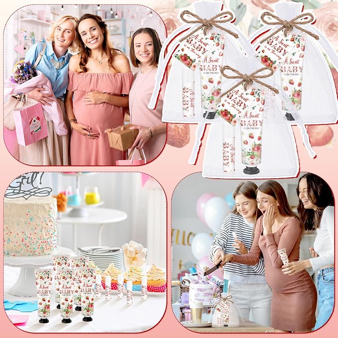 24 Sets Strawberry Baby Shower Hand Cream and Lip Balm Gift Sets Sweet Baby Is on the Way Party Favors for Guest Travel Size Hand Lotion and Lip Balm Bulk Strawberry Shower Party Favor Supplies