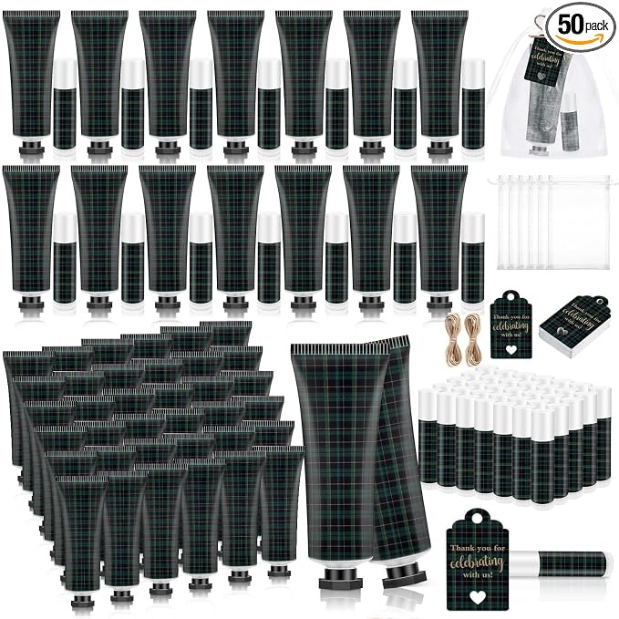 50 Sets 200 Pcs Blue Green Tartan Plaid Baby Shower Hand Lotion and Lip Balm Gift Theme Baby Shower Party Favors Travel Size Hand Lotion and Lip Balm Bulk with Organza Bags Tags