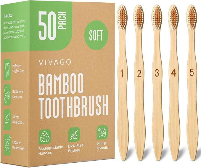 VIVAGO Bamboo Toothbrushes Bulk Soft Bristles (50 Pack) - Eco-Friendly, Natural Wooden Toothbrush