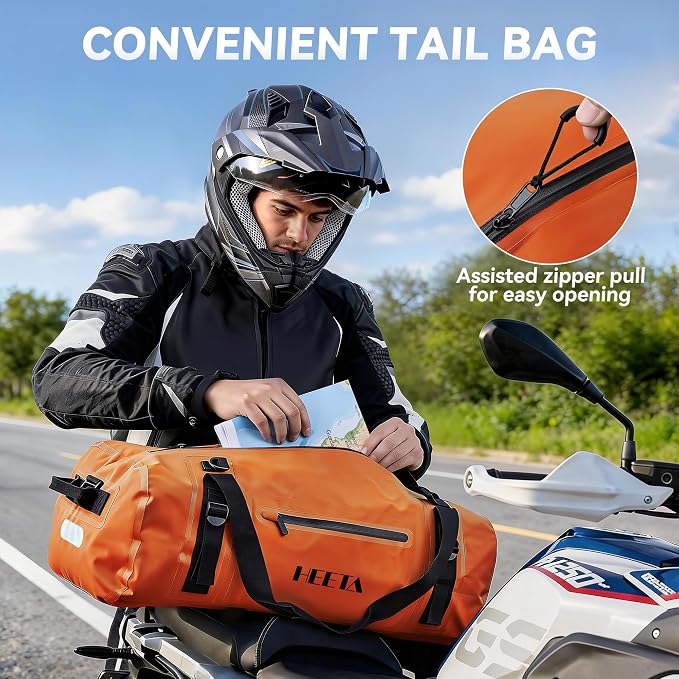 HEETA Waterproof Motorcycle Dry Bag, Waterproof Duffel Luggage Travel Bags with Zippered Closure & Pocket, Shoulder Straps, Large Space for Motorcycling Camping Commuting Boating (Orange, 30L)