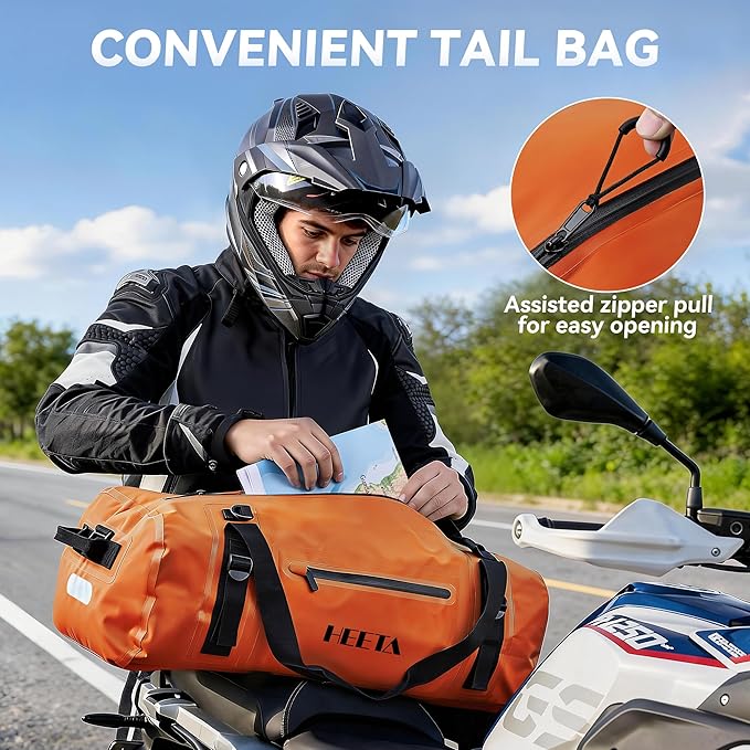 HEETA Waterproof Motorcycle Dry Bag, Waterproof Duffel Luggage Travel Bags with Zippered Closure & Pocket, Shoulder Straps, Large Space for Motorcycling Camping Commuting Boating (Orange, 50L)