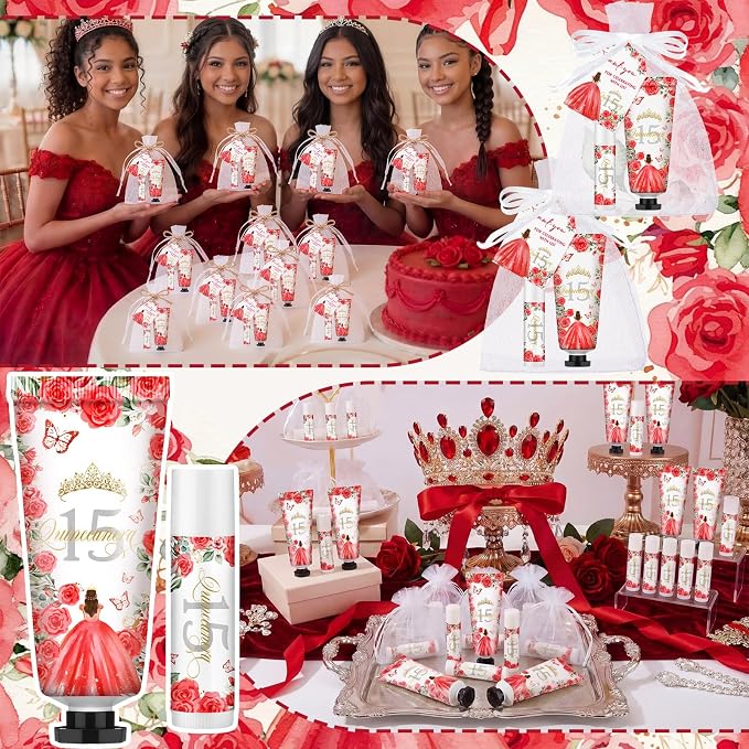Leelosp 25 Set/100 Pcs Quinceanera Party Favor for Guest with Travel Size Hand Cream, Lip Balm, Card, Organza Bags Quinceanera Gift Set Sweet 15th Party Supply Birthday Souvenir(Red)