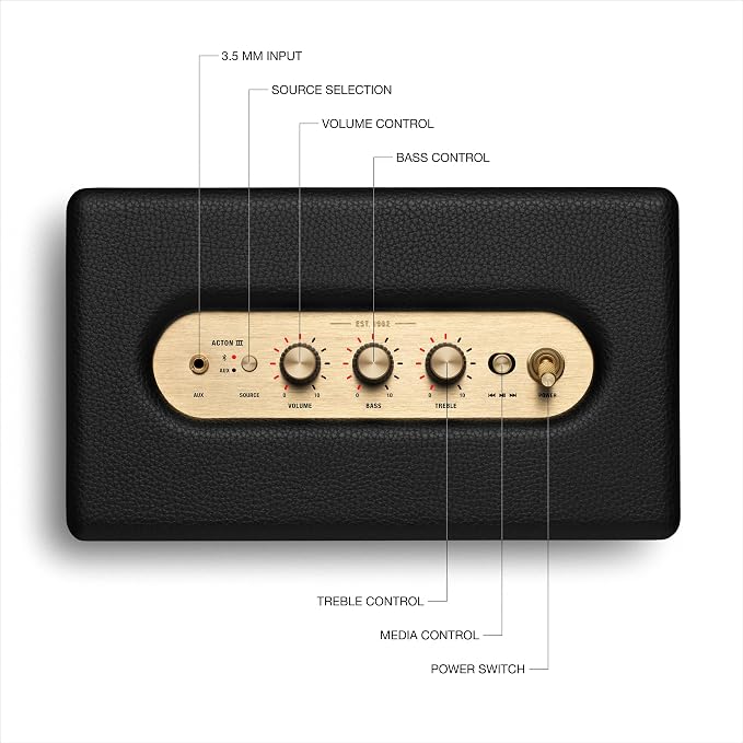 Marshall Acton III Bluetooth Home Speaker - Loud Stereo Sound with Bass and Treble Controls | Plug-in Powered | 3.5mm Aux Input - Black