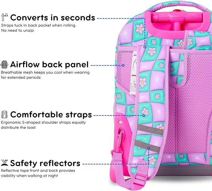 J World Sunrise Kids Rolling Backpack for Girls Boys. Roller Bookbag With Wheels For School, Puffy Flower